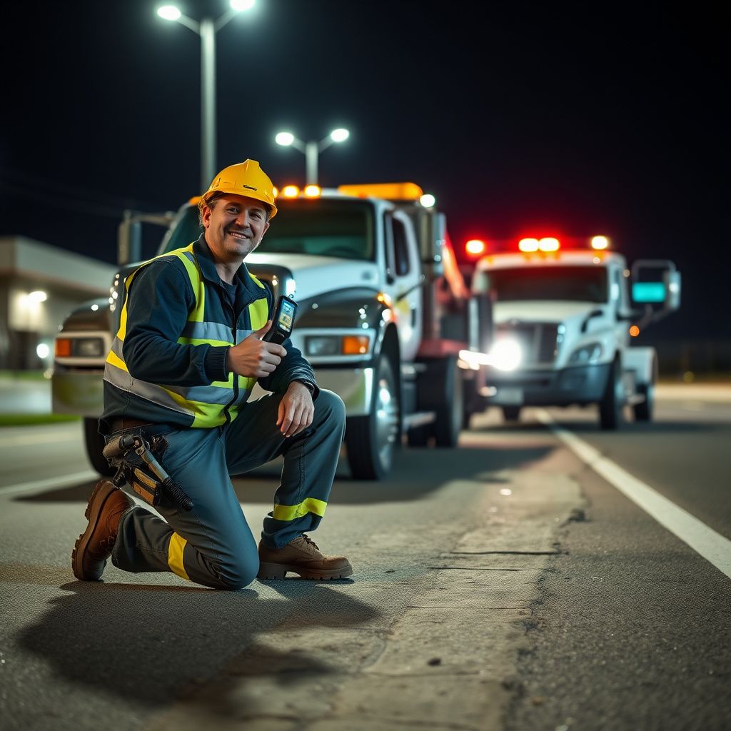 A Snappy Towing tow truck driver, wearing a high-visibility vest, speaking reassuringly to a stranded motorist on a roadside in Zachary, Louisiana.