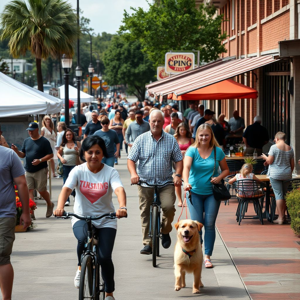 A charming street scene in the Historic Old Denham Springs Antique Village, with antique shops and cafes in historic buildings under a sunny Louisiana sky.