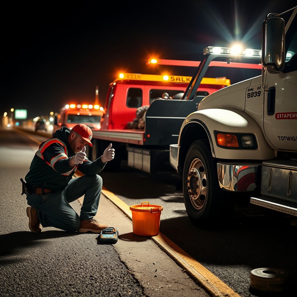 A Snappy Towing technician in uniform, smiling and giving a thumbs-up next to a tow truck on a clear day in Central, Louisiana.